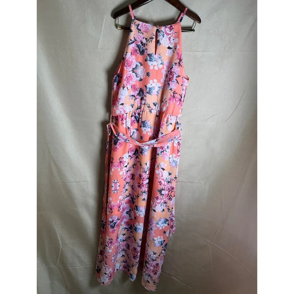 By & By Girl Maxi Dress Youth 12 Coral Pink Excellent Floral Halter Sleeveless